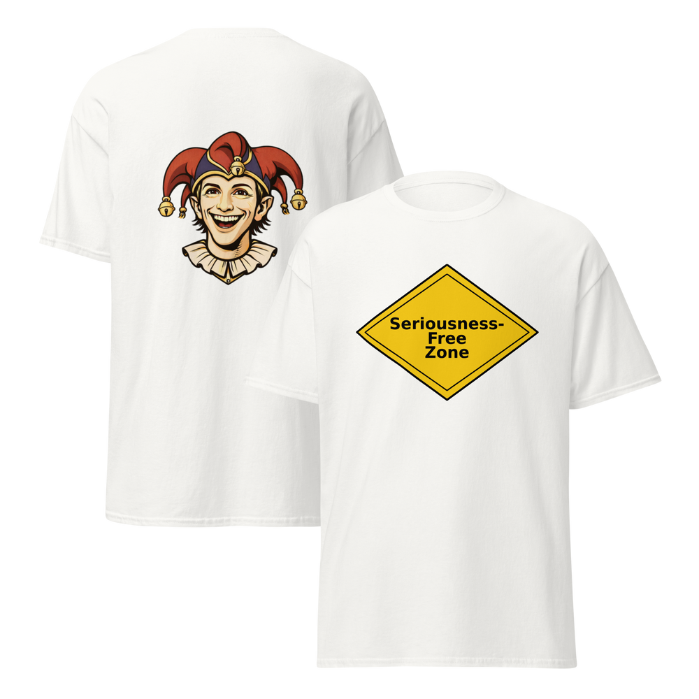 White Seriousness-Free Zone T-shirt mockup on a warm cream background, featuring a yellow road-sign graphic on the front and a large smiling jester illustration on the back.