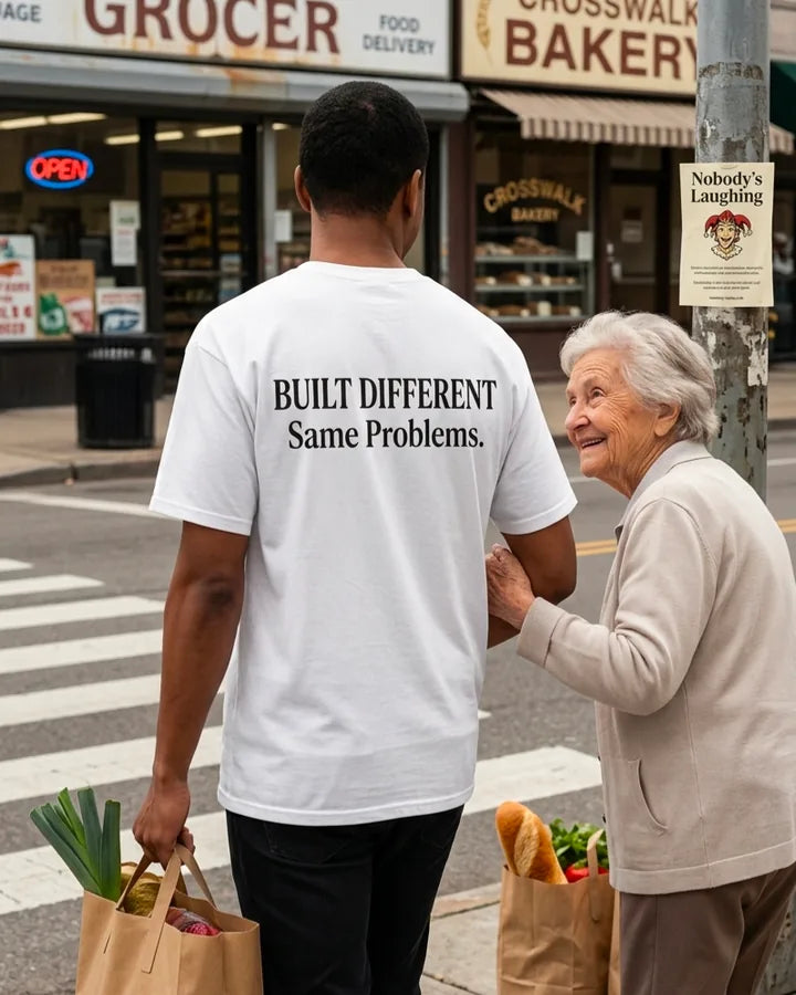 Built Different Same Problems white funny graphic shirt worn while helping with groceries at a crosswalk