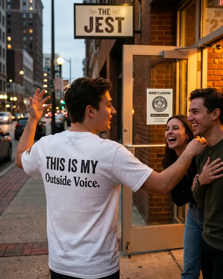 This Is My Outside Voice white funny statement shirt worn outside a comedy venue
