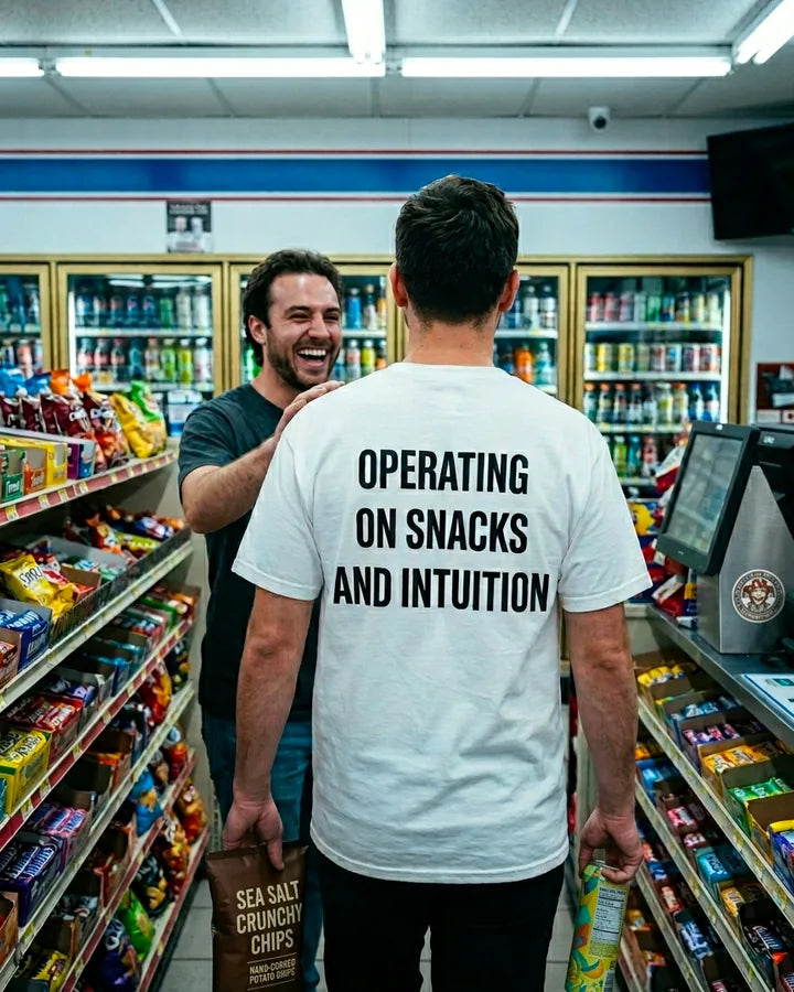 Operating on Snacks and Intuition white funny graphic shirt worn in a snack aisle