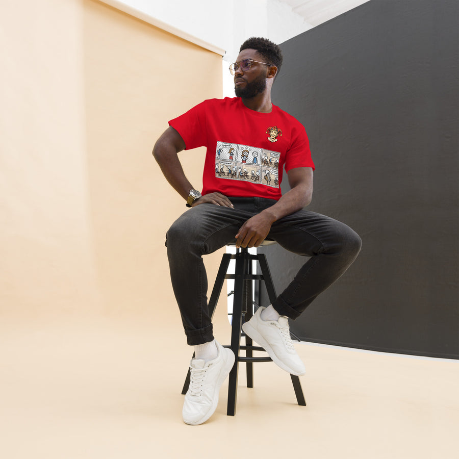 I Raised My Tone Funny Marriage Comic T-Shirt in red featuring six-panel tone humor cartoon design