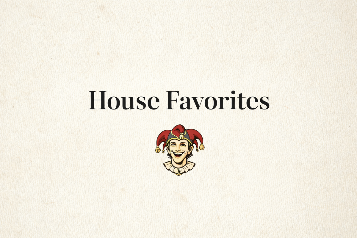 Cream editorial-style image for a gift guide featuring the words “House Favorites” and a clean grouping of Nobody’s Laughing T-shirt mockups.