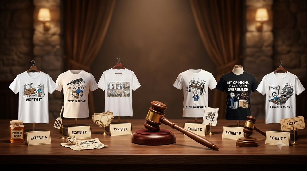 Warm domestic court merch table displaying funny marriage shirts with a wooden gavel, exhibit-style props, and theatrical comedy-house lighting.