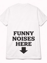 Back of white Funny Noises Here t-shirt with arrow graphic and funny back print.