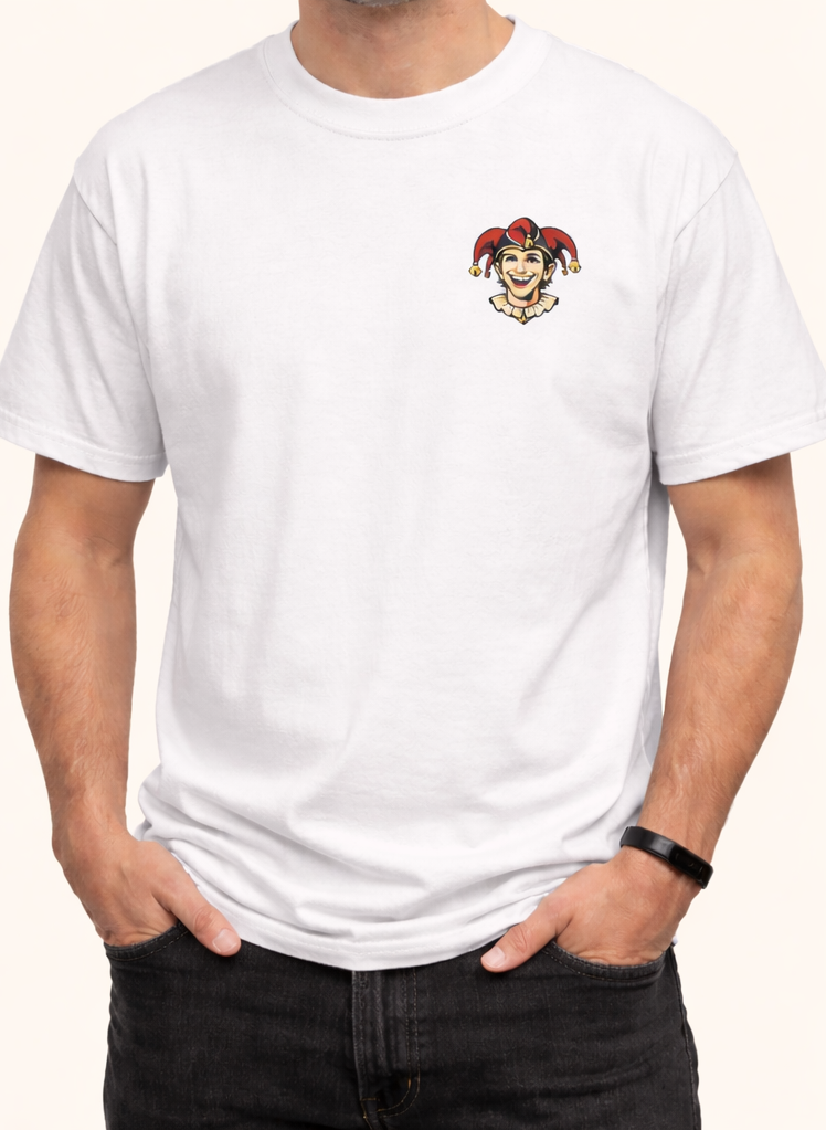 Front of white Funny Noises Here t-shirt with small Nobody's Laughing jester chest mark.