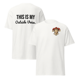 White graphic T-shirt from Nobody’s Laughing featuring a colorful jester logo on the front and “This Is My Outside Voice.” statement design on the back.