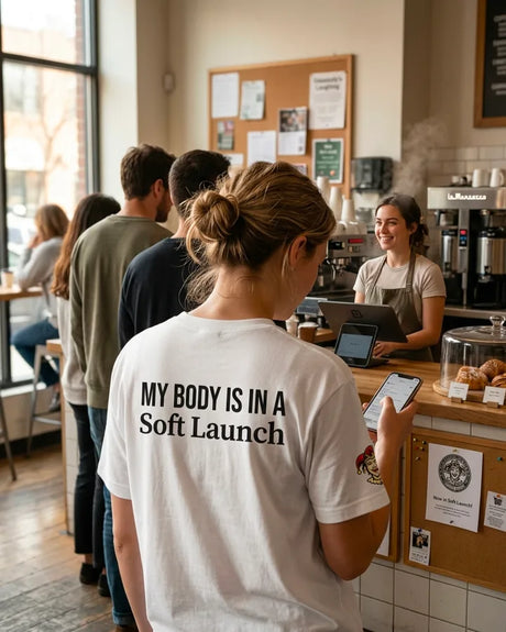 My Body Is in a Soft Launch white funny graphic shirt worn in a coffee shop line