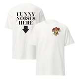 White Funny Noises Here cotton t-shirt with small front jester mark and back print joke.