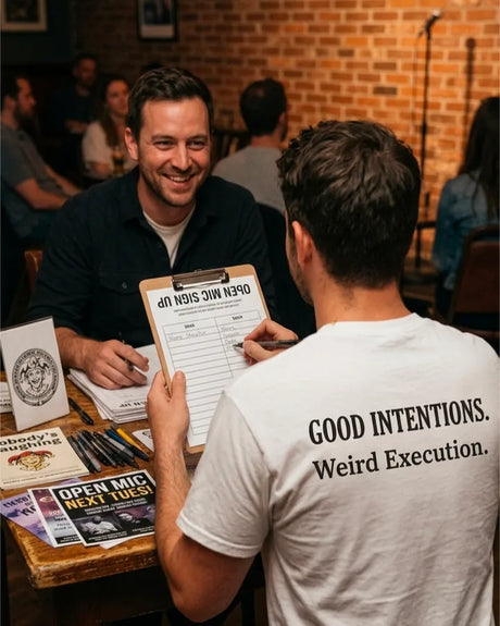 Good Intentions Weird Execution white funny graphic shirt worn at an open mic sign-up table