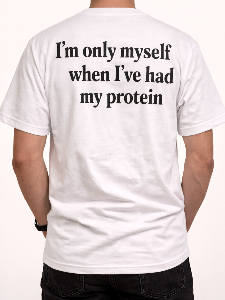 Back of white protein t-shirt with protein target joke print.