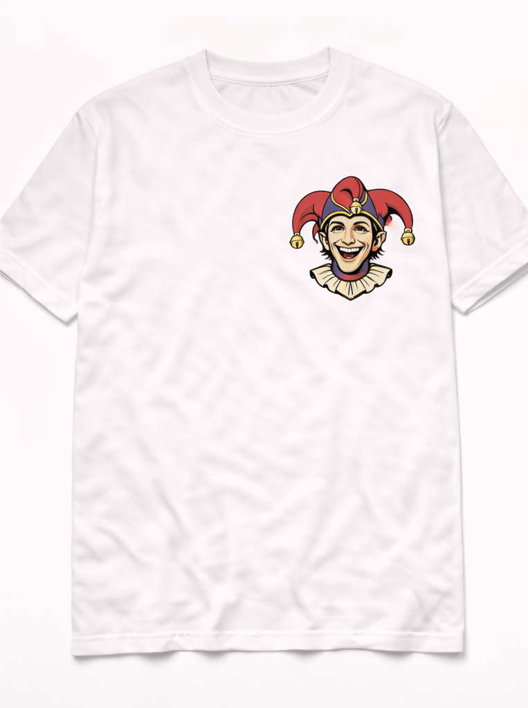 Front of white protein t-shirt with small Nobody's Laughing jester chest mark.