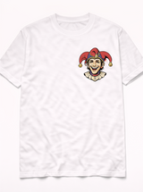 Front of white protein t-shirt with small Nobody's Laughing jester chest mark.
