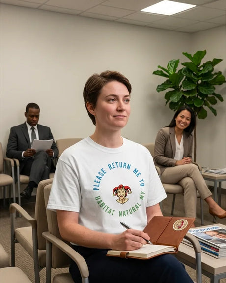 Please Return Me to My Natural Habitat white funny graphic shirt worn in a waiting room