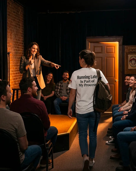 Running Late Is Part of My Process white funny graphic shirt worn while entering a comedy room