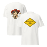 White Seriousness-Free Zone cotton t-shirt with yellow sign-style front print and small jester mark on back.