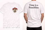 Funny timing t-shirt with quiet front mark and Time Is a Punchline back print.