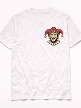 Front of white Time Is a Punchline t-shirt with small Nobody's Laughing jester chest mark.