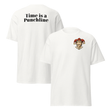 White Time Is a Punchline cotton t-shirt with small jester chest mark and timing joke back print.