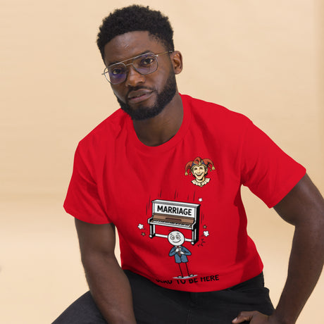 Glad to Be Here Funny Marriage T-Shirt in red featuring falling piano cartoon and cheerful relationship chaos design