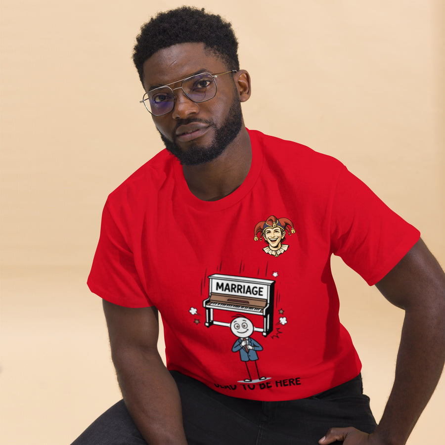 Glad to Be Here Funny Marriage T-Shirt in red featuring falling piano cartoon and cheerful relationship chaos design