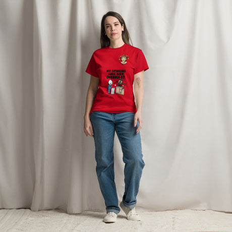 My Opinions Have Been Overruled Funny Marriage T-Shirt in red featuring cartoon gavel and domestic court humor design