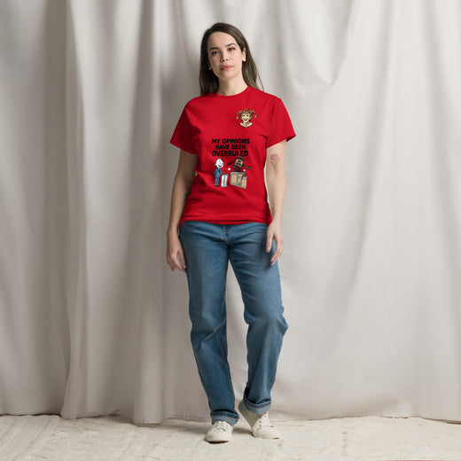 My Opinions Have Been Overruled Funny Marriage T-Shirt in red featuring cartoon gavel and domestic court humor design