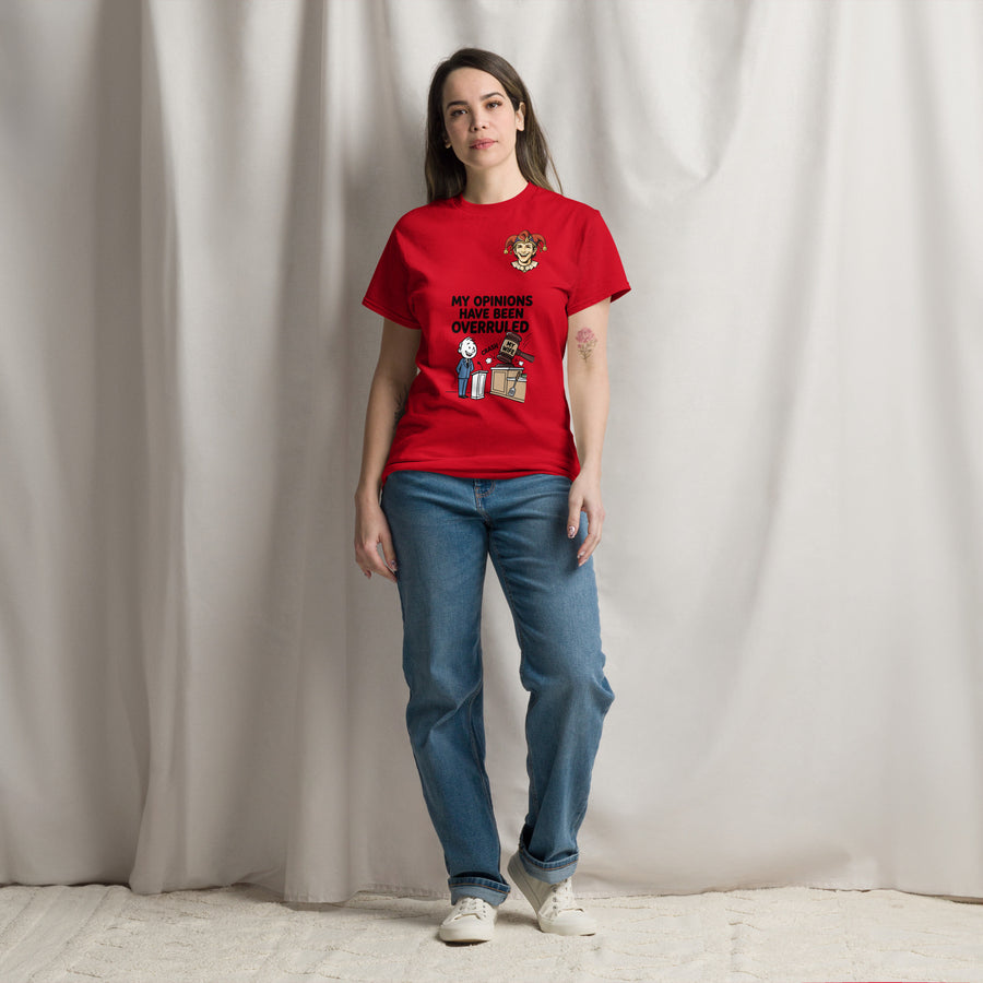 My Opinions Have Been Overruled Funny Marriage T-Shirt in red featuring cartoon gavel and domestic court humor design