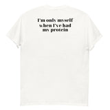White unisex classic tee back mockup for the protein funny gym t-shirt.